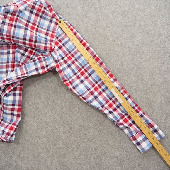 Banana Republic Shirt Mens Large Red Blue Button Up Plaid Long Sleeve Chambray - Picture 11 of 14